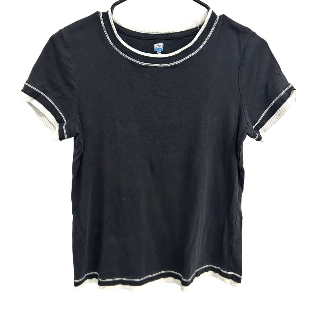 SB Active Petite Black White Contrast Trim Short Sleeve T-Shirt Sz Medium
